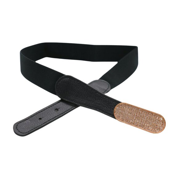 New Fun Women Black Stretch Waistband Fashion Belt Gold Oval Bling Buckle S M - Picture 11 of 17